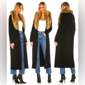 Sz L BuddyLove Black Long Cardigan Coat with Faux Fox Fur Collar